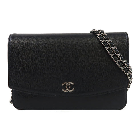 CHANEL Quilted CC SHW Wallet On Chain Shoulder Bag Calfskin Leather Black