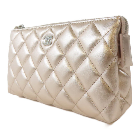 CHANEL Quilted CC SHW Pouch Cosmetic Bag Lambskin Leather Pink