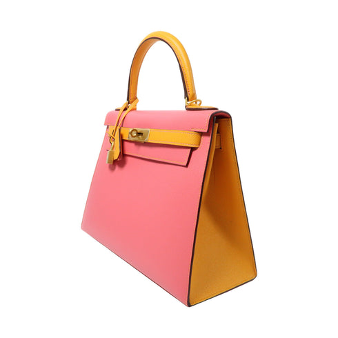 HERMES GHW Kelly 28 2 Way Shoulder Bag Handbag Epsom Leather Pink/Yellow
