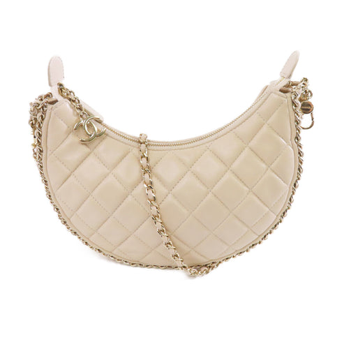 CHANEL Quilted CC GHW Small Hobo Chain Shoulder Bag Lambskin Leather Beige