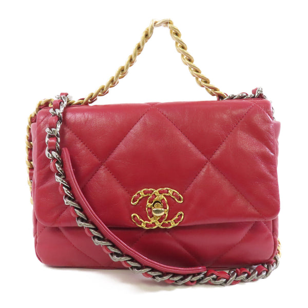 CHANEL Quilted CC GHW C19 Chain Shoulder Bag Lambskin Leather Red