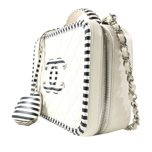 CHANEL Quilted CC SHW Vanity Case 2 Way Shoulder Bag Caviar Leather White Black