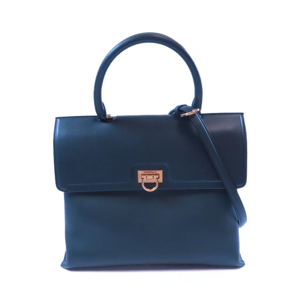 Salvatore Ferragamo GHW Trifolio 2Way Shoulder Bag Calfskin Leather Dark Green