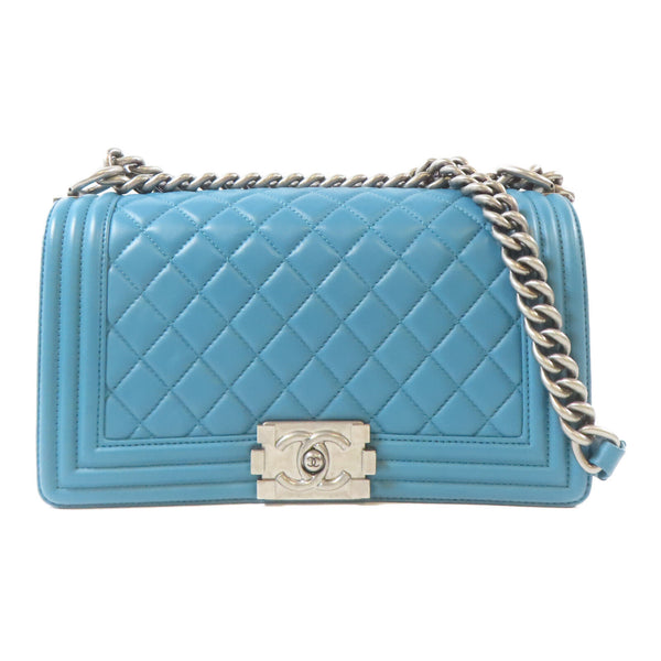 CHANEL Quilted CC Boy 25 Shoulder Handbag Lambskin Leather Turquoise Blue