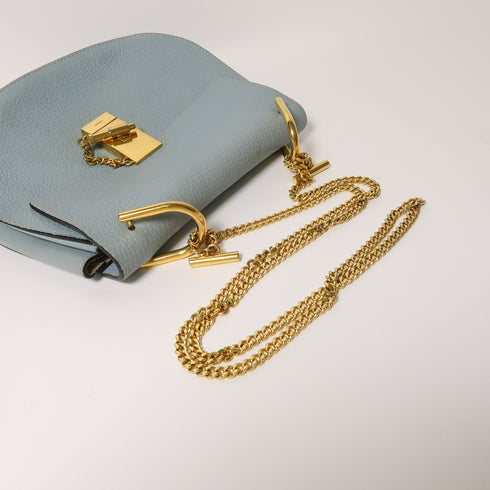 Chloe GHW Drew Bag Chain Shoulder Bag Crossbody Calfskin Leather Light Blue