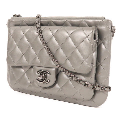 CHANEL CC Chain Shoulder Bag Lambskin Leather Silver
