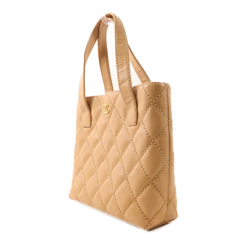 CHANEL Quilted CC GHW Tote Bag Handbag Calfskin Leather Beige
