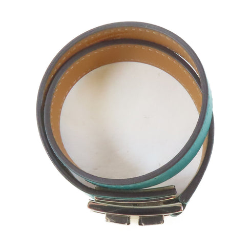 HERMES Drag Double Bracelet Bangle 07212CK Epsom Leather Bleu Paon/Green