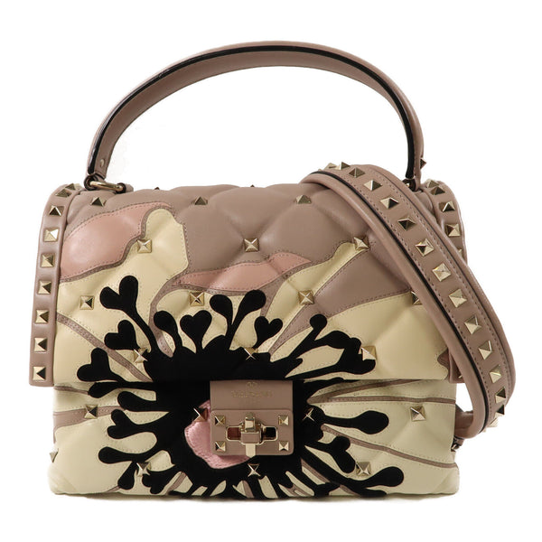 Valentino GHW 2 Way Shoulder Handbag Calfskin Leather Beige