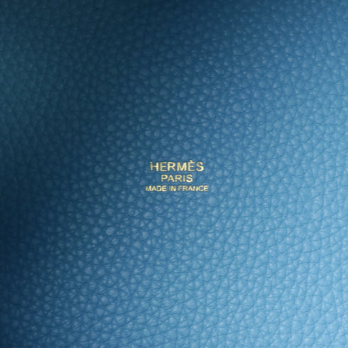 HERMES GHW Picotin MM Handbag Taurillon Clemence Leather Bleu Du Nord