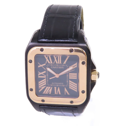 CARTIER Santos 100 Carbon Automatic Watch 18K Rose Gold SS W2020009 Black