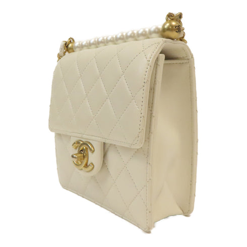 CHANEL Quilted CC GHW Pearl Flap Shoulder Bag AS0584 Calfskin Leather White