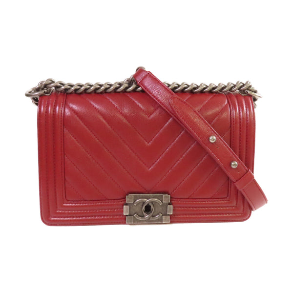 CHANEL Quilted CC SHW Boy Chanel 25 Chain Shoulder Bag Caviar Skin Leather Red