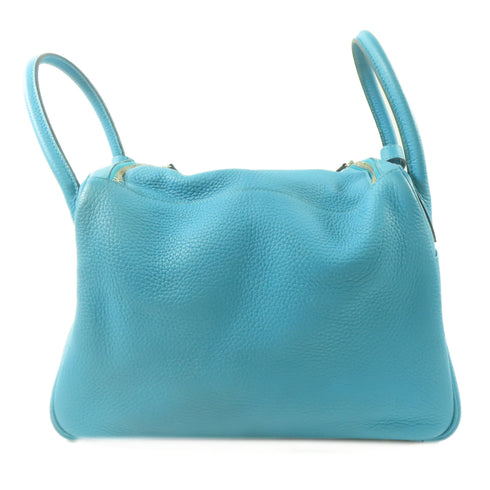 HERMES PHW Lindy 30 2 Way Shoulder Handbag Clemence Leather Turquoise Green