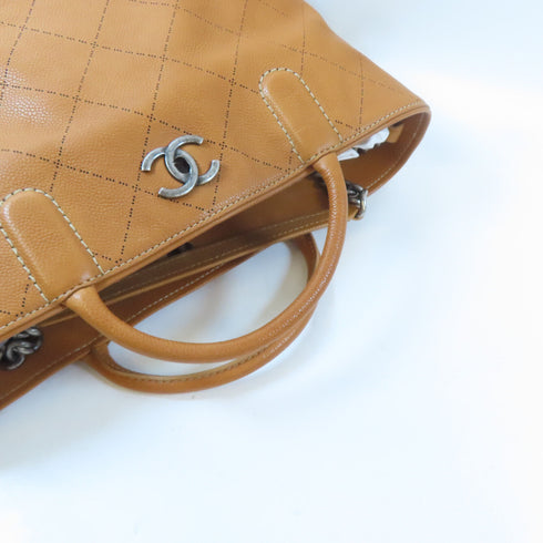 CHANEL Quilted CC 2 Way Shoulder Handbag Calfskin Leather Brown