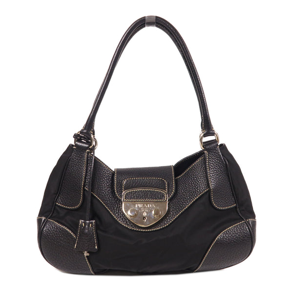PRADA SHW Shoulder Bag BR3264 Nylon/Calfskin Leather Black