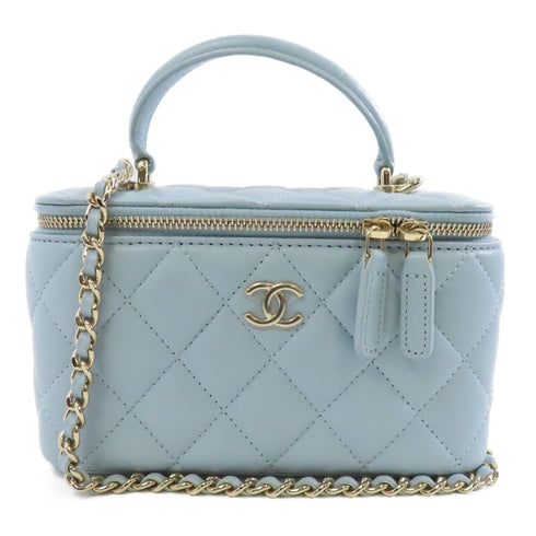 CHANEL Quilted CC GHW Vanity Case Chain Shoulder Bag Calfskin Leather Light Blue