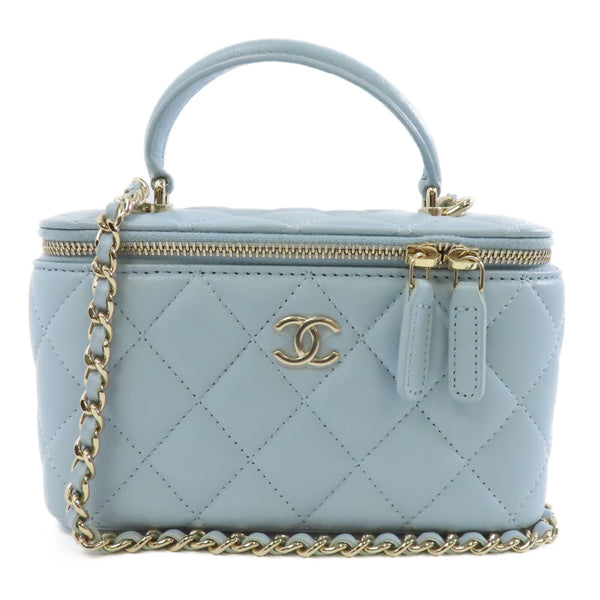 CHANEL Quilted CC GHW Vanity Case Chain Shoulder Bag Calfskin Leather Light Blue