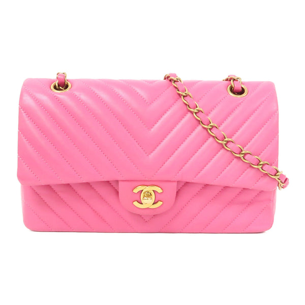 CHANEL Herringbone CC GHW Classic Flap 25cm Chain Shoulder Bag Leather Pink