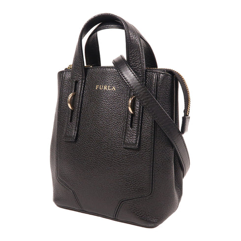 Furla GHW 2 Way Shoulder Bag Calfskin Leather Black