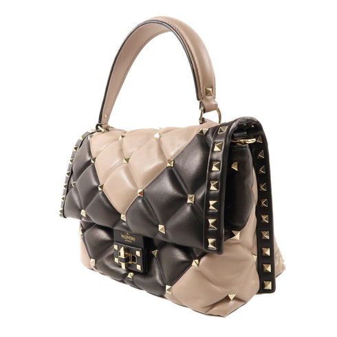 Valentino GHW 2 Way Shoulder Handbag Calfskin Leather Apricot Black