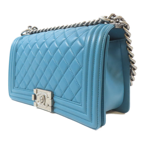 CHANEL Quilted CC Boy 25 Shoulder Handbag Lambskin Leather Turquoise Blue