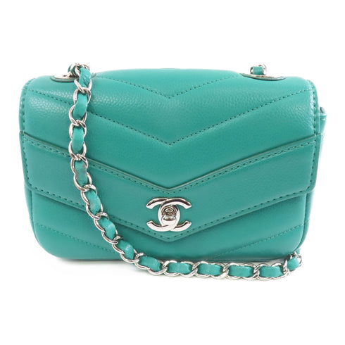 CHANEL Herringbone CC SHW Chain Shoulder Bag A91561 Calfskin Leather Green