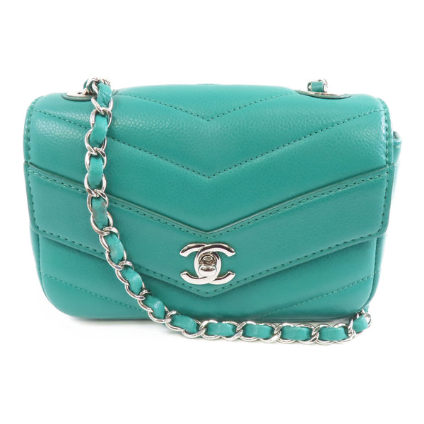 CHANEL Herringbone CC SHW Chain Shoulder Bag A91561 Calfskin Leather Green