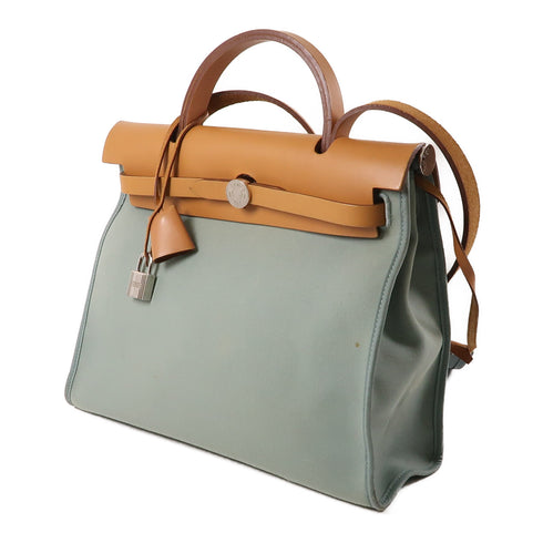 HERMES PHW Herbag PM 2 Way Shoulder Bag Canvas Leather Green Brown