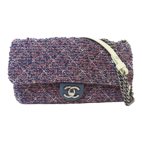 CHANEL Quilted CC SHW Single Flap Chain Shoulder Bag Tweed Navy White