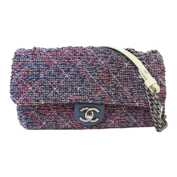 CHANEL Quilted CC SHW Single Flap Chain Shoulder Bag Tweed Navy White