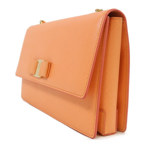 Salvatore Ferragamo GHW Chain Shoulder Bag Calfskin Leather Red