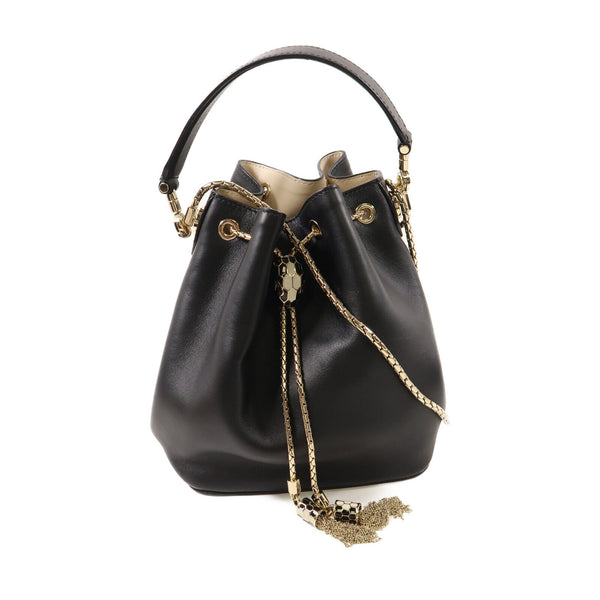 BVLGARI GHW Chain Shoulder Bag Calfskin Leather Black