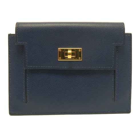 HERMES GHW Kelly Pocket Compact Wallet Madame Leather Deep Blue
