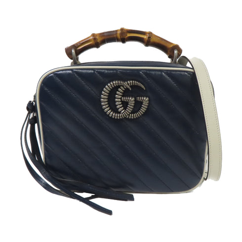 GUCCI GG SHW GG Marmont 2 Way Shoulder Bag Handbag 602270 Calfskin/Bamboo Navy