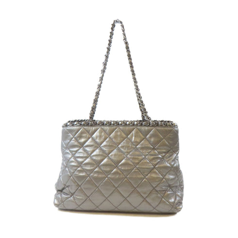 CHANEL Quilted CC Chain Shoulder Handbag Calfskin Leather Silver