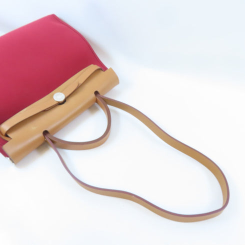 HERMES PHW Herbag PM 2 Way Shoulder Bag Canvas Leather Rouge Grenat Red Brown
