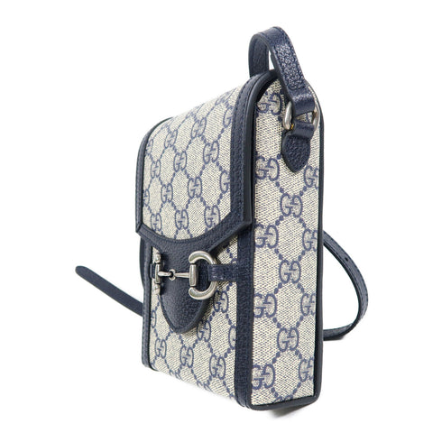 GUCCI GG SHW Horsebit 1955 Shoulder Bag 625615 Coated Canvas Navy/Beige