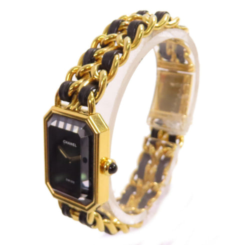 CHANEL GHW Premiere L Quartz Watch SS Leather Gold Plated H0001 Black