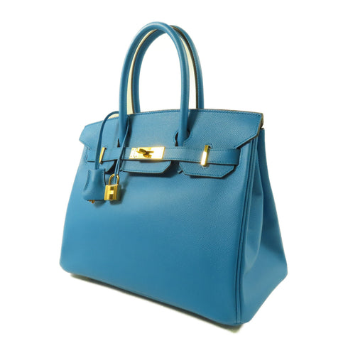 HERMES GHW Birkin 30 Handbag Epsom Leather Bleu Zanzibar Blue