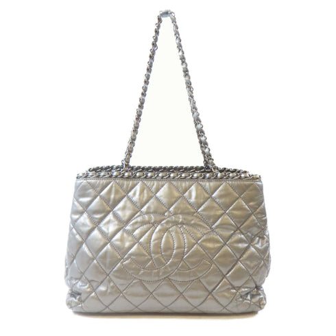 CHANEL Quilted CC Chain Shoulder Handbag Calfskin Leather Silver