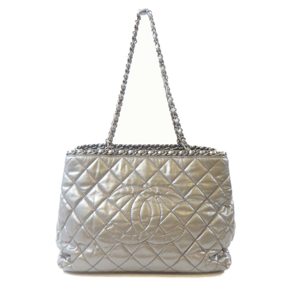 CHANEL Quilted CC Chain Shoulder Handbag Calfskin Leather Silver