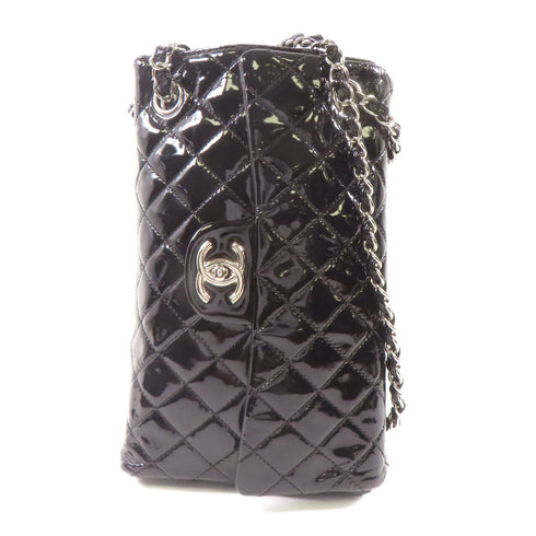 CHANEL CC SHW Upside Down Chain Shoulder Bag Patent Leather Black