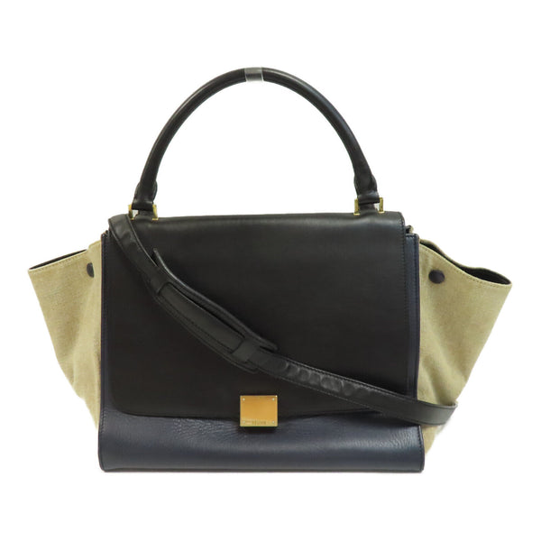 CELINE GHW Trapeze 2Way Shoulder Hand Bag Calfskin Leather Navy Blue/Beige