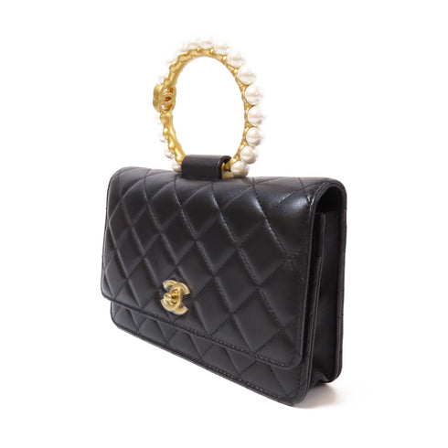 CHANEL Quilted CC GHW Pearl Handle Bag 2 Way Shoulder Lambskin Leather Black