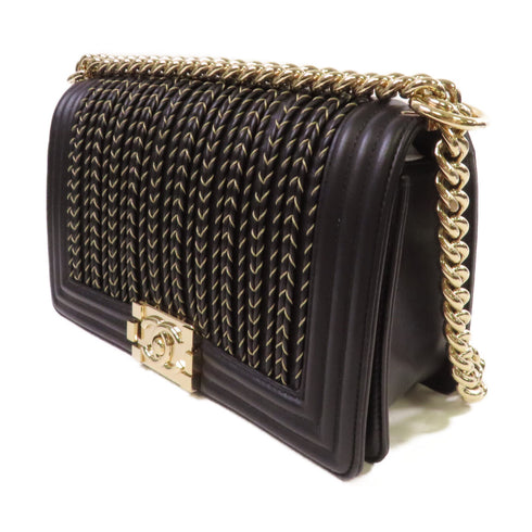 CHANEL Quilted CC GHW Boy Chanel Chain Shoulder Bag Calfskin Leather Black Gold