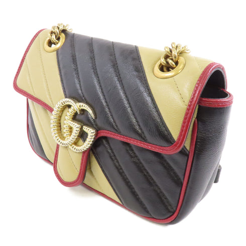 GUCCI GHW GG Marmont Shoulder Bag Calfskin Leather Black Beige