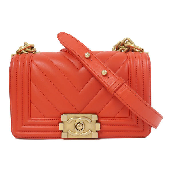 CHANEL Herringbone CC GHW Boy Chanel Chain Shoulder Bag Lambskin Leather Red