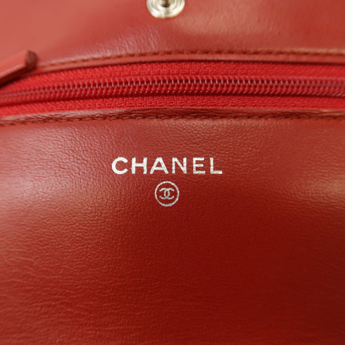 CHANEL Quilted CC SHW Wallet On Chain Shoulder Bag Lambskin Leather Red