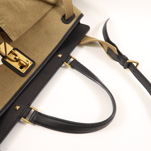 VALENTINO GHW 2 Way Bag Calfskin Leather/Canvas Black/Khaki